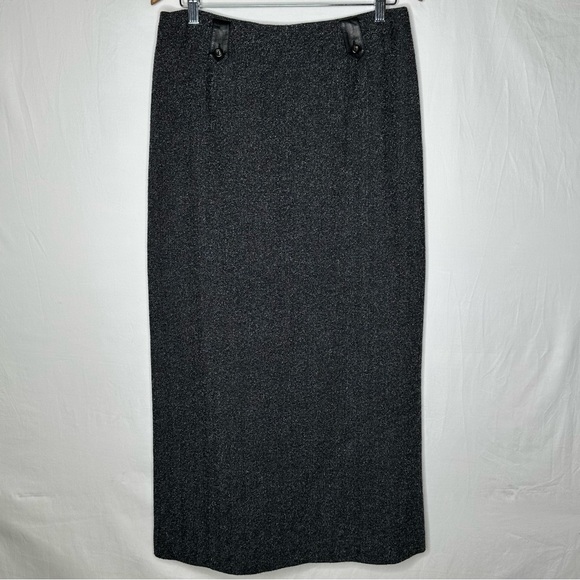Dana Buchman Woven Herringbone Black Gray Long Leather Belt Button Tab Skirt - Picture 1 of 6